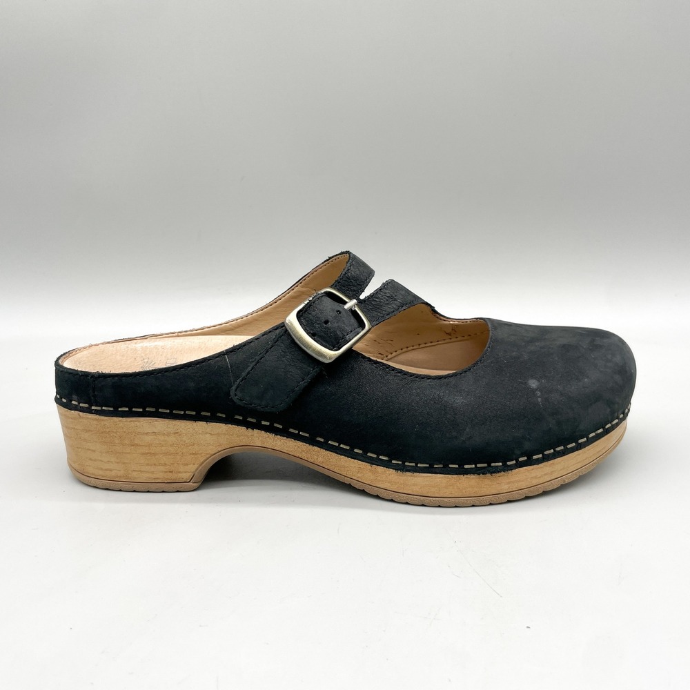 Dansko Womens 40 Mary Jane Clogs Black Nubuck Leather Platform Buckle cottage